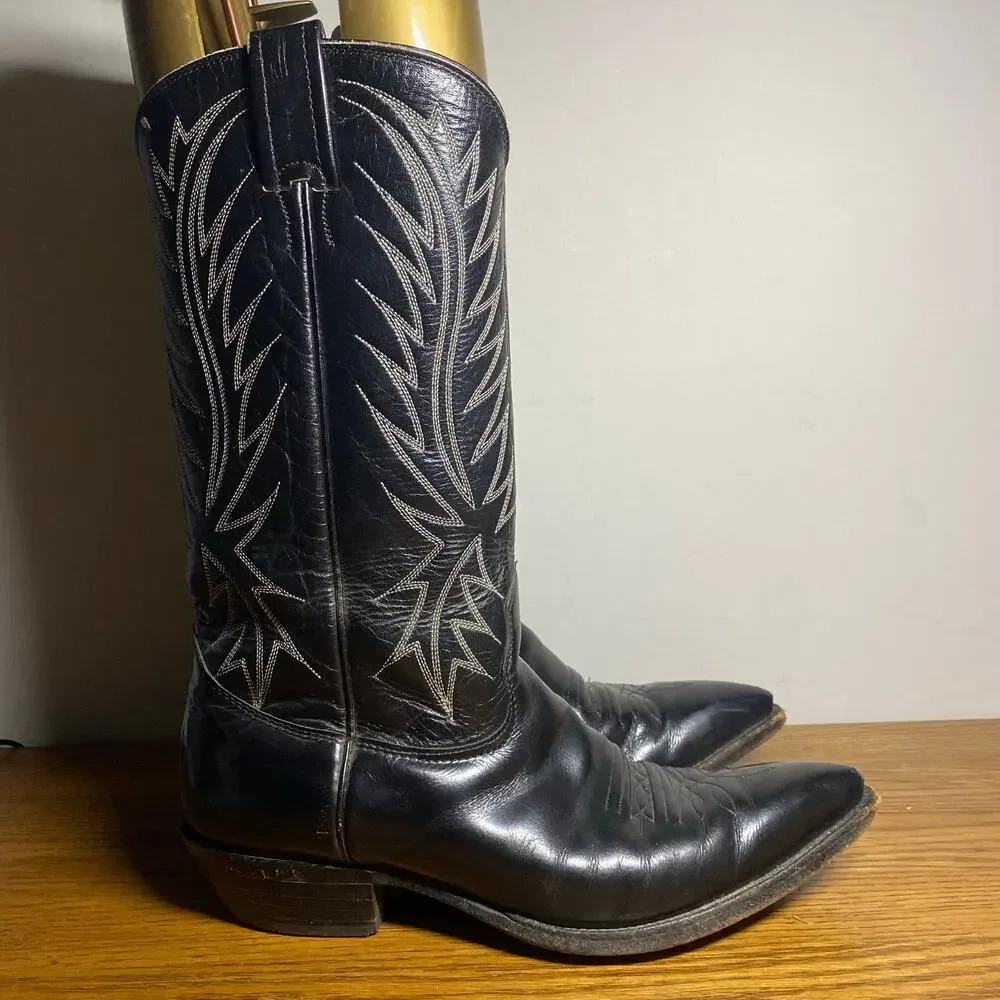 Vintage Nocona Mens 8.5 D Black Leather Western Cowboy Boots White Pointed Toe